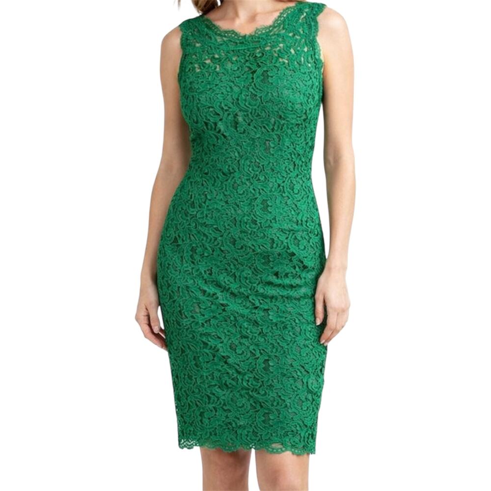 Tadashi Shoji Lace Midi Dress Sheath Scroll Tank Knee Length Midi Green 10
